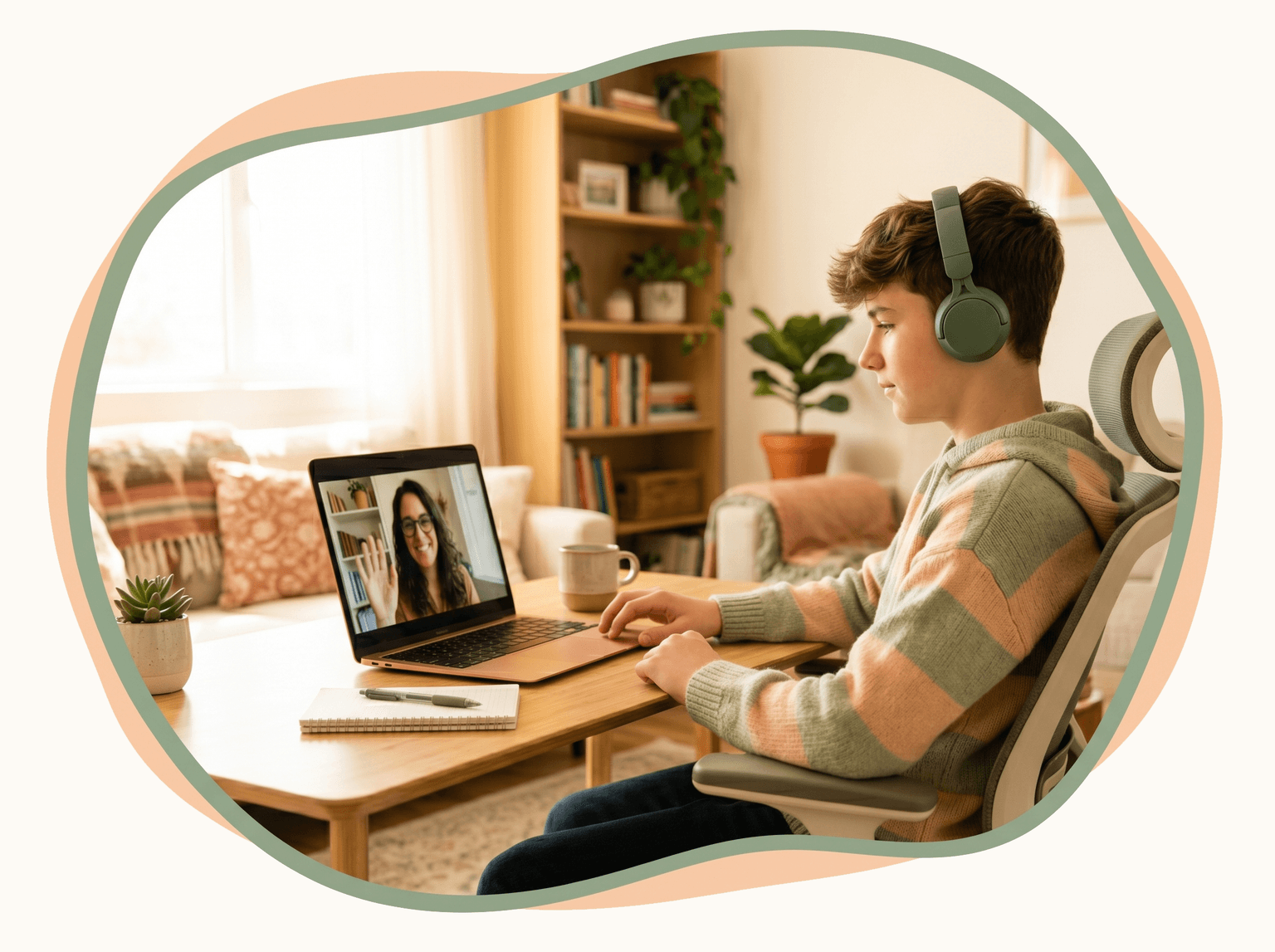 Adolescente con auriculares en una sesión de terapia online por videollamada