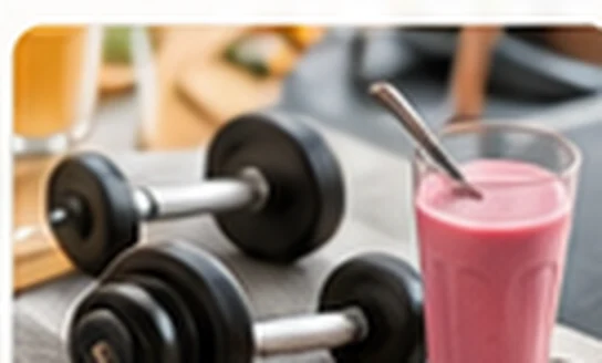 Mancuernas y bebida nutritiva para deportistas