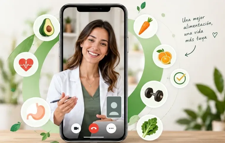 Nutricionista sonriendo durante una consulta por videollamada, rodeada de ilustraciones de alimentos y bienestar